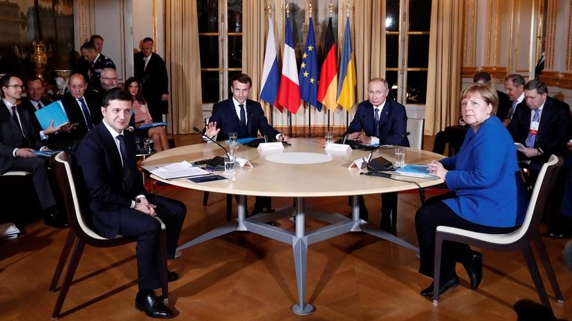 Переговоры президентов России, Украины, Франции, канцлера Германии в рамках встречи в нормандском формате, Елисейский дворец, Париж, 9 декабря 2019 года.