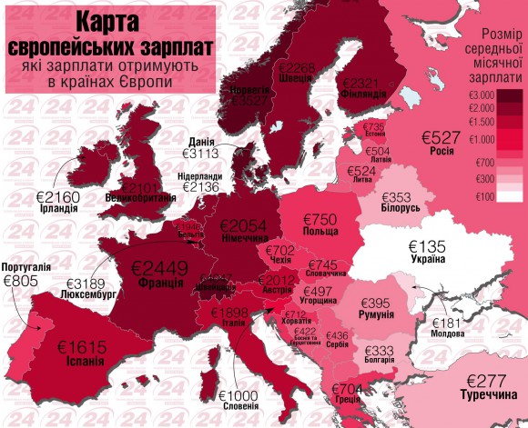 Карта средних зарплат в Европе (март 2015г.)